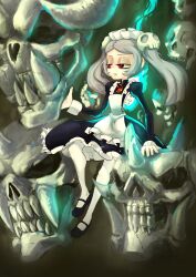 Rule 34 | 1girl, absurdres, apron, bloody marie (skullgirls), brooch, dress, fire, frilled apron, frilled dress, frills, frown, grey hair, hair ornament, half-closed eyes, highres, jewelry, juliet sleeves, long hair, long sleeves, maid headdress, mary janes, noxydnm, pantyhose, parted lips, puffy sleeves, red eyes, ribs, shoes, sitting, skeleton, skull, skull hair ornament, skullgirls, solo, twintails