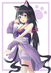 Rule 34 | 1girl, absurdres, animal ear fluff, animal ears, bare shoulders, bikini, black hair, blush, border, bow, breasts, cat ears, cat girl, cat tail, commentary request, fang, green eyes, hair bow, hand up, highres, jacket, karyl (princess connect!), karyl (summer) (princess connect!), long hair, long sleeves, looking at viewer, low twintails, medium breasts, multicolored hair, navel, off-shoulder jacket, off shoulder, open clothes, open mouth, open shorts, paw print, princess connect!, purple bikini, purple border, purple jacket, red bikini, red bow, shorts, small breasts, smile, solo, streaked hair, swimsuit, tail, thigh strap, twintails, uro (sklo6644), very long hair, white background, white hair, white shorts