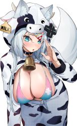 Rule 34 | 1girl, :o, absurdres, animal costume, animal ear fluff, animal ears, animal print, bell, bikini, bikini top only, blue eyes, breasts, cow costume, cow print, cowbell, ear tag, fox ears, fox girl, fox tail, highres, huge breasts, long hair, long sleeves, looking at viewer, meridian project, mizuki (vtuber), multicolored bikini, multicolored clothes, navel, neck bell, oukafafafa, simple background, solo, swimsuit, tail, virtual youtuber, white background, white hair