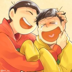 Rule 34 | &gt; &lt;, 10s, 2boys, anubisu-no-sinpan, bowl cut, brothers, brown hair, closed eyes, commentary request, hand in own hair, heart, heart in mouth, hood, hoodie, male focus, matsuno jyushimatsu, matsuno osomatsu, multiple boys, osomatsu-kun, osomatsu-san, osomatsu (series), siblings, sleeves past wrists, smile, twitter username, upper body