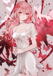 Rule 34 | 1girl, absurdres, blood, bug, butterfly, dress, hana (h6n6 matsu), happy valentine, highres, insect, long hair, looking at viewer, original, pink hair, red eyes, red hair, solo, wings