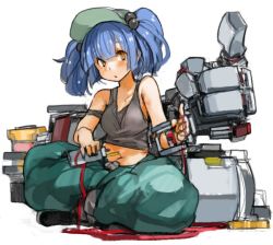 Rule 34 | 1girl, bare arms, bare shoulders, blue hair, blush, full body, hair bobbles, hair ornament, hat, kawashiro nitori, looking at viewer, machine, midriff, navel, pants, sachito, simple background, sitting, sleeveless, solo, tank top, touhou, twintails, two side up, white background