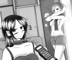 Rule 34 | 2girls, ?, bad id, bad pixiv id, blush, boxers, caitlyn (league of legends), controller, greyscale, league of legends, long hair, looking away, male underwear, monochrome, multiple girls, oldlim, remote control, short hair, topless, towel, towel around neck, underwear, vi (league of legends), yuri