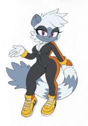 Rule 34 | 1girl, bodysuit, breasts, cleavage, curvy, female focus, full body, furry, furry female, gloves, highres, large breasts, looking at viewer, omegasunburst, purple eyes, short hair, solo, sonic (series), tail, tangle the lemur, wide hips