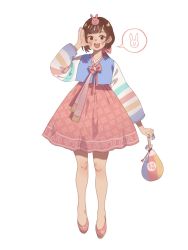 Rule 34 | 1girl, :d, alternate hairstyle, bow, brown eyes, brown hair, commentary, d.va (overwatch), dress, face, facepaint, facial mark, fingernails, floral print, full body, hair ornament, hanbok, hand up, highres, holding, k-owa, korean clothes, long sleeves, looking at viewer, low ponytail, low tied hair, nail polish, official alternate costume, open mouth, overwatch, overwatch 1, paint, palanquin d.va, pink footwear, pink nails, pink skirt, ponytail, pouch, rabbit hair ornament, ribbon, shoes, shouting, shouting with hands, simple background, skirt, skirt set, smile, solo, standing, striped, striped sleeves, teeth, traditional clothes, whisker markings, white background