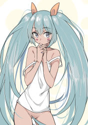 Rule 34 | 1girl, aqua hair, bare shoulders, blush, bottomless, convenient censoring, cowboy shot, grey eyes, hair between eyes, hair censor, hair ribbon, hatsune miku, long hair, looking at viewer, own hands together, ribbon, saiste, simple background, solo, strap slip, twintails, very long hair, vocaloid, yellow background, yellow ribbon