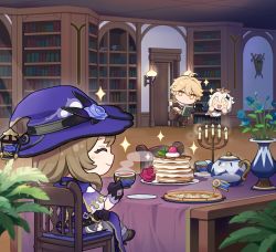 Rule 34 | 1boy, 2girls, aether (genshin impact), ahoge, artist request, blonde hair, book, bookshelf, brown hair, candle, capelet, chibi, closed eyes, commentary, cup, door, dress, earrings, english commentary, flower, food, genshin impact, gloves, hair ornament, halo, hat, holding, holding book, holding cup, indoors, jewelry, lighter-than-air pancake (genshin impact), lisa (genshin impact), long hair, multiple girls, official art, open mouth, paimon (genshin impact), pancake, pizza, plant, potted plant, rose, single earring, sitting, smile, sparkle, sparkling eyes, table, teapot, white hair, witch hat, yellow eyes