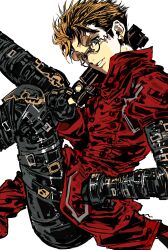Rule 34 | 1boy, absurdres, agl arms .45 long colt, black gloves, black pants, blonde hair, blue eyes, break-action revolver, coat, cowboy shot, earrings, glasses, gloves, gun, handgun, highres, holding, holding gun, holding weapon, jewelry, legs up, long sleeves, looking at viewer, low bore axis revolver, male focus, mole, mole under eye, my nameisyoon, orange-tinted eyewear, pants, parted lips, red coat, revolver, round eyewear, short hair, simple background, single earring, sitting, smile, solo, tinted eyewear, trigun, vash the stampede, weapon, white background