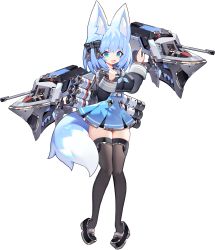 Rule 34 | 1girl, animal ears, black bow, black footwear, black thighhighs, blue eyes, blue hair, blue neckwear, blue oath, blue skirt, bow, breasts, crop top, crop top overhang, fox ears, fox tail, hair bow, highres, large breasts, le terrible (blue oath), long sleeves, mamuru, medium hair, mole, mole under eye, official art, open mouth, rigging, sailor collar, skindentation, skirt, solo, tail, thighhighs, transparent background