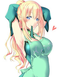 Rule 34 | 10s, 1girl, adjusting hair, apron, armpits, arms behind head, arms up, blonde hair, blue eyes, blush, breasts, cleavage, detached sleeves, emoticon, hair ribbon, heart, large breasts, long hair, looking at viewer, minagi, mouth hold, neptune (series), ponytail, ribbon, sidelocks, simple background, smile, solo, tying hair, vert (neptunia), white background