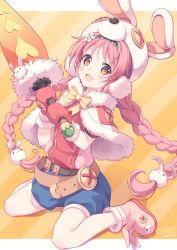 Rule 34 | 1girl, animal ears, animal hat, belt, blush, boots, braid, button eyes, buttons, commentary request, flower, gloves, hair flower, hair ornament, hat, headband, highres, kneeling, long hair, looking at viewer, mimi (princess connect!), open mouth, pink hair, princess connect!, rabbit ears, rabbit hair ornament, rabbit hat, ribbon, shorts, signature, solo, sword, twin braids, weapon, yellow eyes, yoshino ryou