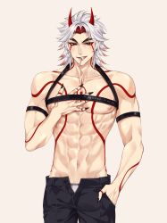 Rule 34 | 1boy, abs, arataki itto, black nails, black pants, highres, horns, long hair, male focus, male underwear, mouth hold, multicolored hair, muscular, muscular male, nail polish, nipples, oni horns, pants, red eyes, rourouki, tagme, tattoo, tobacco, underwear, white hair