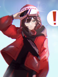 Rule 34 | !, 1girl, absurdres, alternate universe, arm up, beanie, black hoodie, black skirt, blue sky, brown hair, chromatic aberration, commentary, day, durbin, fanny pack, glint, goggles, goggles on head, grey eyes, hair between eyes, hat, highres, hood, hood down, hoodie, jacket, long sleeves, looking at viewer, official alternate costume, open clothes, open jacket, outdoors, parted lips, puffy long sleeves, puffy sleeves, red hat, red jacket, ruby rose, rwby, rwby ice queendom, skirt, sky, smile, solo, spoken exclamation mark, symbol-only commentary