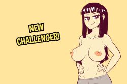 Rule 34 | 1girl, black eyes, black hair, breasts, chi-chi (dragon ball), cleavage, dragon ball, english text, female focus, large breasts, long hair, looking at viewer, nipples, nortuet, simple background, smile, solo