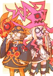 Rule 34 | 2girls, alba (dmfd), bandana, black dress, black thighhighs, blush stickers, brown hair, dragon: marked for death, dress, extra mouth, glasses, hat, highres, iikoao, long sleeves, multicolored hair, multicolored thighhighs, multiple girls, orange bandana, pink hair, skull print, sparkling eyes, striped clothes, striped thighhighs, thighhighs, white hair, white thighhighs, witch, witch (dmfd), witch hat