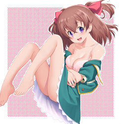 Rule 34 | 1girl, :d, ass, barefoot, bra, breasts, brown hair, cleavage, collarbone, delicious party precure, feet, floating, green jacket, green skirt, highres, jacket, kazuma muramasa, long hair, looking at viewer, nagomi yui, open mouth, pink bra, precure, purple eyes, skirt, smile, solo, two side up, underwear