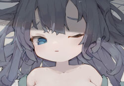 Rule 34 | 1girl, bare shoulders, black hair, blue eyes, breasts, collarbone, highres, long hair, looking at viewer, lying, nep (nep 76), off shoulder, on back, one eye closed, original, out-of-frame censoring, parted lips, solo