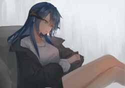 Rule 34 | 1girl, arknights, black jacket, blue eyes, blue hair, breasts, cigarette, commentary request, crossed legs, feet out of frame, hair between eyes, hetare galm sue, holding, horns, jacket, long hair, long sleeves, medium breasts, mostima (arknights), mouth hold, open clothes, open jacket, orange pantyhose, pantyhose, parted lips, shirt, sitting, sketch, smoke, smoking, solo, white shirt