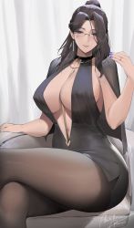 Rule 34 | 1girl, absurdres, alios arvin, artist name, between breasts, black hair, blue eyes, blue nails, blush, breasts, capelet, cleavage, commentary, covered erect nipples, crossed legs, dress, earrings, fingernails, glasses, highres, inoue iris (sdustz), jewelry, large breasts, lips, long hair, looking at viewer, mature female, mole, mole under eye, nail polish, original, pantyhose, parted lips, ponytail, ring, shiny clothes, short dress, signature, simple background, sitting, sleeveless, smile, solo