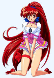 Rule 34 | 1girl, akira (viper), breasts, cleavage, dress, full body, high ponytail, kimura takahiro, kneeling, large breasts, leg ribbon, long hair, looking at viewer, non-web source, official art, plantar flexion, red eyes, red footwear, red hair, ribbon, short sleeves, simple background, smile, solo, sweat, thigh ribbon, v arms, very long hair, viper, viper v16