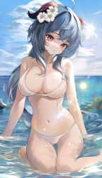 1girl absurdres ahoge bikini blue_hair blush breasts cleavage closed_mouth crossed_bangs flower ganyu_(genshin_impact) genshin_impact gluteal_fold goat_horns hair_flower hair_ornament highres horns large_breasts long_hair looking_at_viewer navel ocean outdoors partially_submerged purple_eyes smile swimsuit thighs water white_bikini zeka_massi