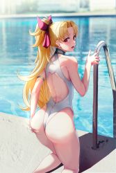 Rule 34 | 1girl, armlet, ass, ass grab, back, backless swimsuit, bare shoulders, blonde hair, blush, competition swimsuit, day, ereshkigal (fate), fate/grand order, fate (series), from behind, grabbing own ass, highres, kneeling, long hair, looking at viewer, looking back, one-piece swimsuit, outdoors, parted bangs, ponytail, pool ladder, poolside, red eyes, solar (happymonk), solo, swimsuit, thighs, wedgie, white one-piece swimsuit