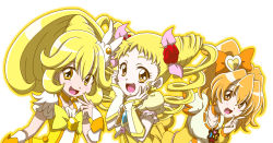 Rule 34 | 00s, 10s, 3girls, arm warmers, blonde hair, blush, bow, breasts, brooch, brown eyes, brown hair, choker, color connection, cone hair bun, cure lemonade, cure peace, cure pine, dress, earrings, flower, fresh precure!, hair bun, hair flaps, hair flower, hair ornament, hair ribbon, hands on own face, heart, heart hair ornament, highres, jewelry, kasugano urara (yes! precure 5), kise yayoi, long hair, magical girl, medium breasts, monyotarosu, multiple girls, open mouth, ponytail, precure, ribbon, side ponytail, skirt, smile, smile precure!, tiara, twintails, vest, yamabuki inori, yellow bow, yellow dress, yellow eyes, yellow skirt, yellow theme, yes! precure 5
