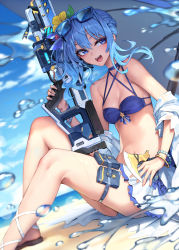 Rule 34 | 1girl, :d, axe, beach, beach umbrella, bead bracelet, beads, bikini, blue bikini, blue eyes, blue hair, blue sky, blurry, bracelet, breasts, day, depth of field, dutch angle, eyewear on head, flower, gun, hair flower, hair ornament, highres, holding, holding gun, holding weapon, hololive, hoshimachi suisei, jewelry, looking away, looking to the side, medium breasts, oopartz yang, open mouth, outdoors, sandals, side ponytail, sitting, skirt, sky, smile, solo, star (symbol), star in eye, sunglasses, swimsuit, symbol in eye, thigh strap, thighs, umbrella, virtual youtuber, weapon, white skirt