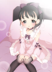 1girl bed black_eyes black_hair black_thighhighs bow chestnut_mouth choker collarbone commentary_request dress earrings feet_out_of_frame fingernails frilled_dress frills fukuyama_mai garter_straps hair_bow hands_on_own_knees heart heart_choker heart_earrings highres hosizora_mikoto idolmaster idolmaster_cinderella_girls jewelry jirai_kei knees_together_feet_apart lace lace-trimmed_thighhighs lace_trim long_hair looking_at_viewer nail_polish on_bed open_mouth pillow pink_dress pink_nails ponytail purple_bow ring sitting solo staring thighhighs