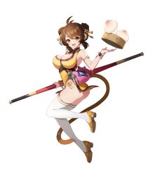 Rule 34 | 1girl, :3, absurdres, animal ears, antenna hair, artist request, ass, bag, breasts, brown eyes, brown hair, china dress, chinese clothes, double bun, dress, dumpling, eversoul, food, game cg, hair bun, hair ribbon, highres, holding, holding staff, large breasts, looking to the side, monkey ears, monkey girl, monkey tail, official art, panties, ribbon, ruyi jingu bang, short hair, shoulder bag, sleeveless, solo, staff, string panties, swept bangs, tachi-e, tail, tassel, thighhighs, third-party source, transparent background, underwear, white thighhighs, xiaolian (eversoul), yellow dress, yellow footwear