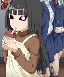 Rule 34 | 3girls, apron, black eyes, black hair, black sclera, blouse, blue jacket, blue skirt, brown dress, colored sclera, cup, dress, drink, empty eyes, evil eyes, holding, holding cup, indoors, jacket, long hair, long sleeves, looking at viewer, mono ai, multiple girls, original, own hands clasped, picture frame, pink pupils, school uniform, shirt, skirt, socks, straw, tomu (tomubobu), white shirt