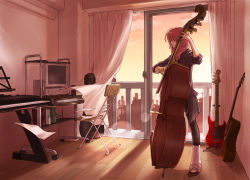 Rule 34 | 1girl, acoustic guitar, bad id, bad pixiv id, bass guitar, computer, curtains, desk, double bass, electric guitar, guitar, indoors, instrument, keyboard (computer), keyboard (instrument), leg warmers, lens flare, long hair, megurine luka, pink hair, shirano (hiromaxi729), smile, solo, standing, sunset, vocaloid, wind, wooden floor