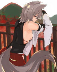 Rule 34 | 1girl, akasabi, animal ears, bare shoulders, breasts, commentary, commentary request, detached sleeves, closed eyes, hat, highres, inubashiri momiji, looking at viewer, looking to the side, medium breasts, medium skirt, nature, outdoors, red eyes, red skirt, shirt, short hair, sideboob, silver hair, skirt, solo, tail, tokin hat, touhou, tree, white shirt, wide sleeves, wolf ears, wolf tail