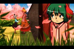 Rule 34 | 3girls, :&lt;, animal ears, animal print, arm up, arms behind back, bad id, bad pixiv id, blouse, blurry, blush, bush, cherry blossoms, depth of field, dress, female focus, frown, grass, green eyes, green hair, grey hair, hiding, kasodani kyouko, kneehighs, letterboxed, long sleeves, looking at another, looking away, mouse ears, mouse tail, multicolored hair, multiple girls, nawo (peace), nazrin, open hand, outdoors, pink dress, shirt, shoes, short hair, short sleeves, skirt, socks, tail, tiger print, toramaru shou, touhou, tree, vest, wall, white legwear