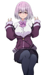 Rule 34 | 1girl, absurdres, black pantyhose, black skirt, blush, bow, bowtie, breasts, bright pupils, closed mouth, collared shirt, commentary request, eyelashes, feet out of frame, gridman universe, hair between eyes, hands up, highres, hood, hoodie, large breasts, legs together, looking at viewer, miniskirt, nishizuki shino, open clothes, open hoodie, pantyhose, pink bow, pink bowtie, pleated skirt, purple hair, purple hoodie, red eyes, shinjou akane, shirt, short hair, simple background, sitting, skirt, sleeves past wrists, smile, solo, split mouth, ssss.gridman, straight hair, w arms, white background, white pupils, white shirt