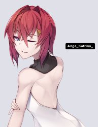 Rule 34 | 1girl, ange katrina, ange katrina (1st costume), backless outfit, blue eyes, character name, from behind, hair between eyes, halterneck, hand on own arm, highres, kerenmi, looking back, nijisanji, one eye closed, red hair, short hair, solo, triangle hair ornament, virtual youtuber