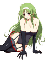 Rule 34 | 10s, 1girl, bare shoulders, black thighhighs, blush, breasts, cleavage, elbow gloves, garter straps, gloves, green hair, hairband, large breasts, legs, long hair, naughty face, niwatori kokezou, no bra, red eyes, sitting, solo, star driver, thigh gap, thighhighs, thighs, watanabe kanako