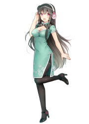 Rule 34 | 1girl, :d, arm at side, bad id, bad pixiv id, black footwear, black pantyhose, blush, braid, breasts, china dress, chinese clothes, cleavage, cleavage cutout, clothing cutout, dress, floral print, full body, green background, hair bun, hand up, headphones, high heels, kurata rine, leg up, long hair, looking at viewer, medium breasts, open mouth, original, pantyhose, pink eyes, print dress, rose print, short sleeves, side braid, side bun, side slit, simple background, single hair bun, single side bun, smile, solo, standing, standing on one leg, straight hair, tareme, thighband pantyhose, twin braids, very long hair, white background