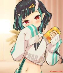 Rule 34 | 1girl, aura (a440), black hair, blue hair, blush, brown background, can, commentary request, covering own mouth, demon girl, demon horns, hair ornament, hairclip, hand over own mouth, holding, holding can, horns, indoors, long sleeves, looking at viewer, multicolored hair, nanashi inc., official alternate costume, plant, pointy ears, potted plant, red eyes, shishio chris, shishio chris (2nd costume), short hair, sleeves past fingers, sleeves past wrists, solo, sugar lyric, two-tone hair, upper body, virtual youtuber