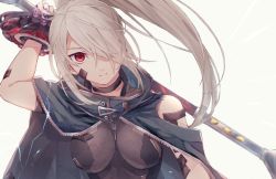 Rule 34 | 10s, 1girl, bare shoulders, breasts, god eater, god eater 3, long hair, looking at viewer, medium breasts, ponytail, protagonist (god eater), red eyes, silver hair, solo, tagme, upper body, weapon
