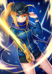 Rule 34 | 1girl, ahoge, artoria pendragon (fate), black hat, black shorts, blonde hair, blue eyes, blue jacket, blue scarf, cowboy shot, excalibur (fate/stay night), fate/grand order, fate (series), hair between eyes, hat, holding, holding sword, holding weapon, jacket, kelinch1, long hair, long sleeves, looking at viewer, mysterious heroine x (fate), peaked cap, ponytail, scarf, short shorts, shorts, sidelocks, solo, standing, sword, weapon