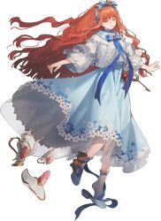 Rule 34 | 1girl, ankle ribbon, baby blue, blue bow, blue bowtie, blue dress, blue eyes, blue ribbon, bow, bowtie, cup, dress, flats, floating, flower-trimmed dress, flower trim, full body, highres, jacket, key, leg ribbon, long hair, long sleeves, official art, orange hair, parted lips, plate, puffy long sleeves, puffy sleeves, reverse:1999, ribbon, shoe dangle, shoes, sidelocks, solo, stuffed animal, stuffed toy, surreal, tachi-e, teacup, teapot, teddy bear, third-party source, transparent background, very long hair, white footwear, white jacket