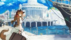 Rule 34 | animal ears, blouse, braid, brown hair, day, from side, hand in own hair, lansane, looking at viewer, original, outdoors, shirt, solo focus, tagme, tail, tsana (lansane), twin braids, white shirt, wolf ears, wolf tail