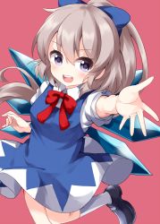 Rule 34 | 1girl, black footwear, blue bow, blue dress, bow, bowtie, cirno, cirno (cosplay), collared shirt, cosplay, dress, foot out of frame, hair bow, highres, ice, ice wings, mary janes, mononobe no futo, open mouth, outstretched hand, pink background, ponytail, purple eyes, red bow, red bowtie, ruu (tksymkw), shirt, shoes, short sleeves, silver hair, simple background, smile, socks, solo, teeth, touhou, upper teeth only, white shirt, white socks, wings