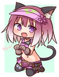Rule 34 | 1girl, :d, animal ear fluff, animal ears, bad id, bad pixiv id, bare shoulders, black leggings, black shirt, blush, boots, breasts, brown footwear, brown gloves, cat ears, cat girl, cat tail, chibi, commentary request, crop top, fang, flower, full body, gloves, gradient hair, green background, hair between eyes, hana kazari, hands up, hat, highres, kneeling, leggings, looking at viewer, multicolored hair, navel, nyan, open mouth, pink hat, pink skirt, pleated skirt, princess connect!, purple eyes, purple flower, purple hair, shirt, skirt, sleeveless, sleeveless shirt, small breasts, smile, solo, tail, tamaki (mechanic) (princess connect!), tamaki (princess connect!), two-tone background, visor cap, white background, white hair