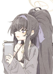 Rule 34 | 1girl, abara heiki, bags under eyes, bikini, black bikini, black hair, blue archive, blush, breasts, cardigan, cup, grey cardigan, hairband, halo, highres, holding, holding cup, jewelry, long hair, necklace, official alternate costume, open cardigan, open clothes, parted lips, ponytail, purple eyes, purple hairband, simple background, single bare shoulder, sketch, small breasts, solo, swimsuit, ui (blue archive), ui (swimsuit) (blue archive), upper body, white background