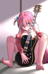 Rule 34 | 1girl, absurdres, barefoot, blue eyes, blush, bocchi the rock!, breast press, breasts, closed mouth, commentary request, covering privates, covering breasts, covering crotch, crossed bangs, cube hair ornament, electric guitar, feet, full body, gibson, gibson les paul, gotoh hitori, guitar, hair between eyes, hair ornament, hair over eyes, highres, indoors, instrument, jacket, knees up, large breasts, long hair, looking at viewer, nail polish, one side up, pink hair, pink jacket, pink nails, shadow, sidelocks, signature, soles, solo, spread toes, tatami, thighs, toenail polish, toenails, toes, track jacket, very long hair, wavy mouth, yamauchi (conan-comy)
