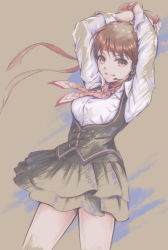 Rule 34 | 1girl, absurdres, arms up, breasts, commentary request, dress, gloves, grey background, headband, headset, highres, kasugano sakura, layered skirt, lips, long sleeves, looking at viewer, medium breasts, parted lips, red gloves, red headband, shirt, short dress, short hair, simple background, skirt, sleeves rolled up, smile, solo, street fighter, street fighter v, tyanoki, white shirt