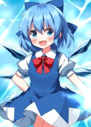 1girl :d blue_background blue_bow blue_dress blue_eyes blue_hair blush bow bowtie cirno cowboy_shot dress eyes_visible_through_hair hair_between_eyes hair_bow hand_on_own_hip highres ice ice_wings looking_at_viewer open_mouth pinafore_dress puffy_short_sleeves puffy_sleeves red_bow red_bowtie ruu_(tksymkw) shirt short_hair short_sleeves simple_background sleeveless sleeveless_dress smile solo touhou white_shirt wing_collar wings