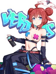 Rule 34 | 1girl, :/, ahoge, arm belt, arm support, bare shoulders, blue archive, blue eyes, blush, breaaad, breasts, can, closed mouth, cross pasties, detached sleeves, double bun, graffiti, hair bun, halo, highres, holding, holding can, looking at viewer, maki (blue archive), medium breasts, pasties, red hair, short hair, sidelocks, sitting, solo, spray can